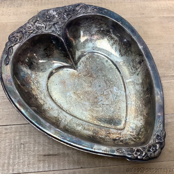 Heart Shaped Bowl Candy Dish Silver Plate Rose Floral Relief Trim Vintage