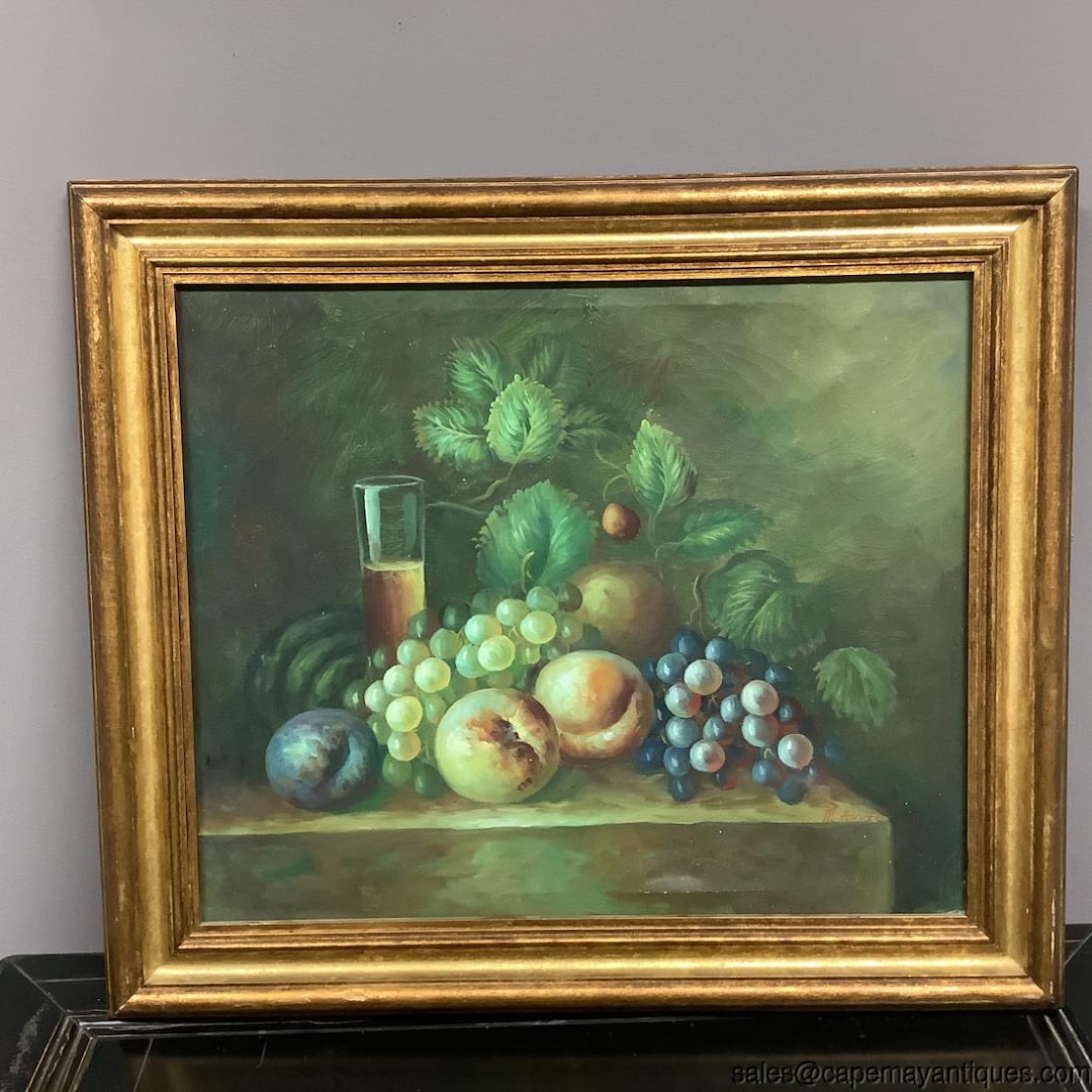 Vintage Oil Painting Still Life Fruit Grapes Wine on Table Signed M ...