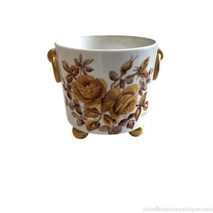 May include: A white ceramic planter featuring a hand-painted design of golden-brown roses with green leaves. The vessel has two gold-toned side handles and stands on three small gold-toned feet. The surface is smooth with a glossy finish.