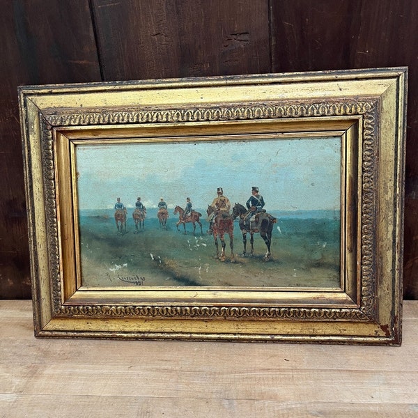 Antique Oil Painting on Board Civil War Soldiers on Horses Signed 1891 Framed