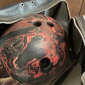 Vintage Brunswick Bowling Ball  w Bag Pr Shoes Black Gold Red Marble Ebonite