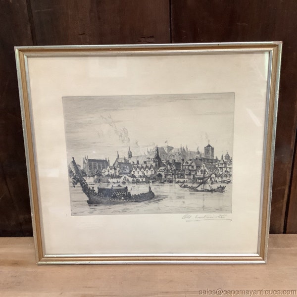 Cyril H Barraud Etching Print Tower of London Black Beige Raised Seal London