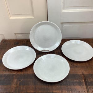 Op de afbeelding: Vier witte keramische borden met een gespikkeld ontwerp zijn gerangschikt op een donker houten oppervlak. De borden variëren in grootte en vorm, met een groot rond bord in het midden en drie kleinere borden eromheen. De borden hebben een licht getextureerd oppervlak.