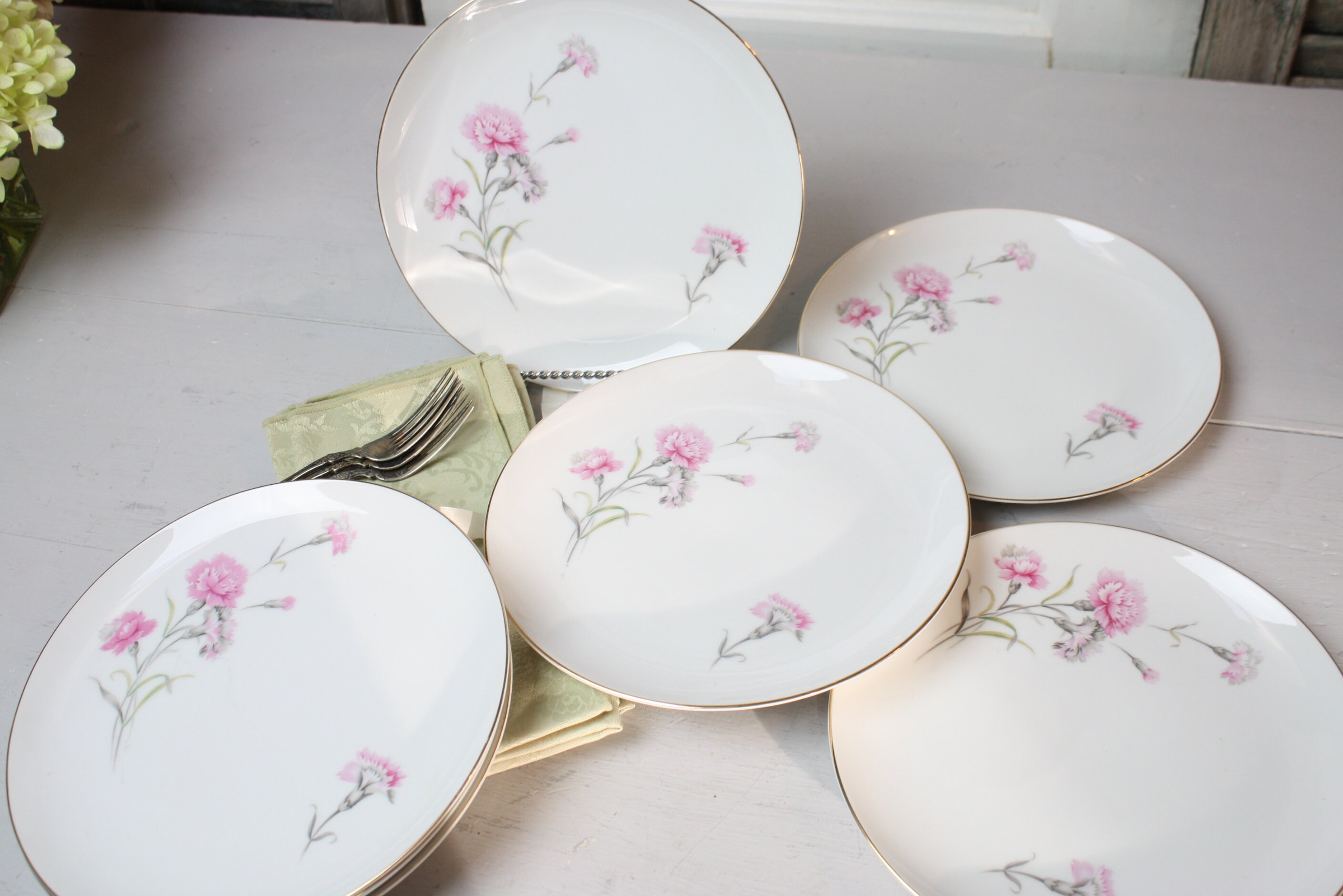 7 Dinner Plates Pink Carnation Flowers Japan Vintage Fine China