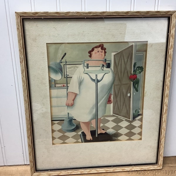 Vintage Framed Print Fat Lady on Scale in Doctors Office Serpent Figure w Apple
