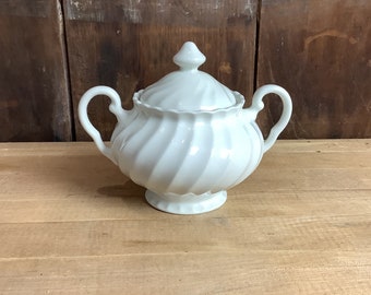 Johnson Brothers Ironstone Sugar Bowl con tapa White Swirl Regency Vintage