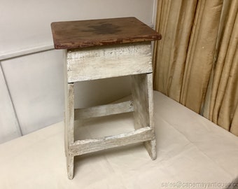 Antique Farm House Stool Pantry Decorative Accent Wood Top Distressed White Base