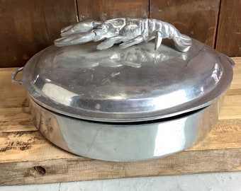 Lobster on Lid Paella Pan Pot Heavy Chrome Aluminum Hand Made Mexico Lid Notch