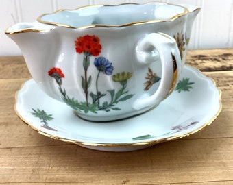 Lourioux Le Faune French Wildflower Gravy Boat w Plate Double Spouts Separator