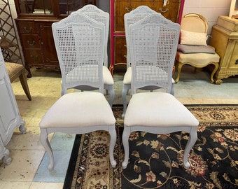 4 Vintage Painted Dining Room Chairs Gray Caned Backrest Fabric Seat French