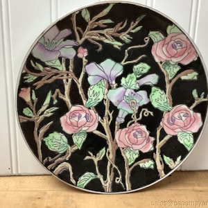 Vintage Chinese Hand Painted Decorative Plate Dish Floral Floral Black Pink Rose