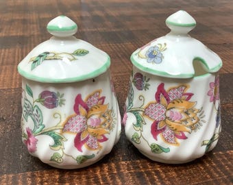 Paar Minton Haddon Hall Condiment Jelly Jar Marmeladenglas Deckel w Notch für Löffel