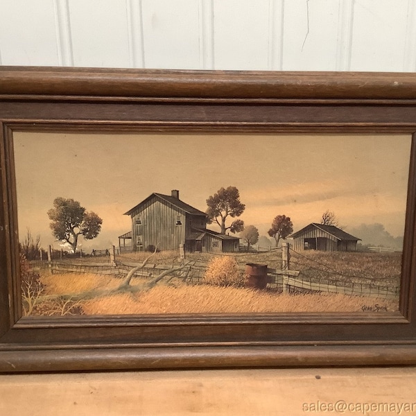 Gene Speck Framed Print Gray Farmhouse Barn Pastures Prairie w Trees Vintage