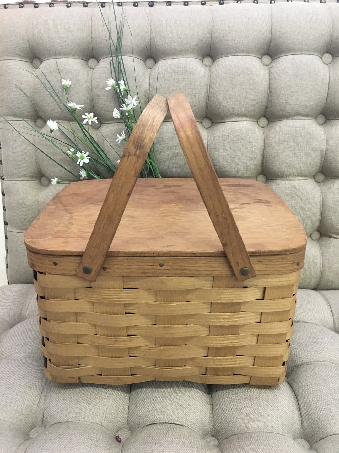 Hand Crafted Wood and Woven Picnic Basket With Two Handles and Wood ...