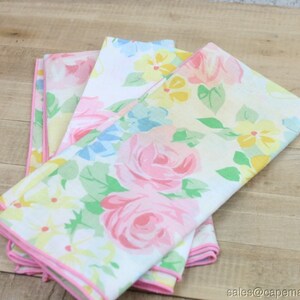 3 Luncheon Napkins Colorful Floral Pink Yellow Blue on White Pink Trim Vintage