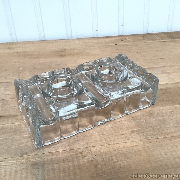 Clear Glass Double Inkwell Vintage Art Deco