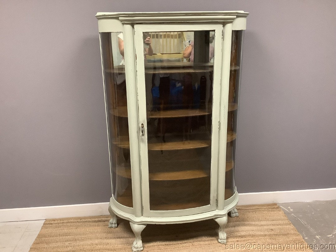 Antique Painted Oak Round China Cabinet Painted Soft Green Original ...