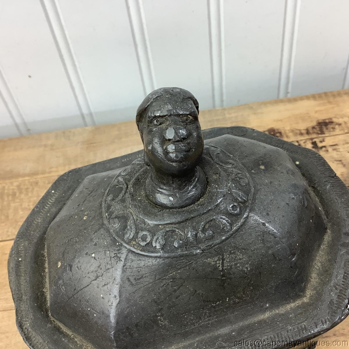 lead tobacco jar 18th C Lead Tobacco Box Jar Figural Head Lid