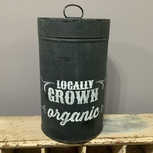 Locally Grown Organic Metal Tin Canister Storage Can Black White Lttr Farmhouse