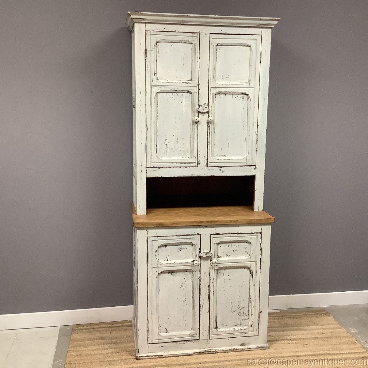 Primitive Farm House Cabinet Cupboard Hutch Distressed White Paneled Doors