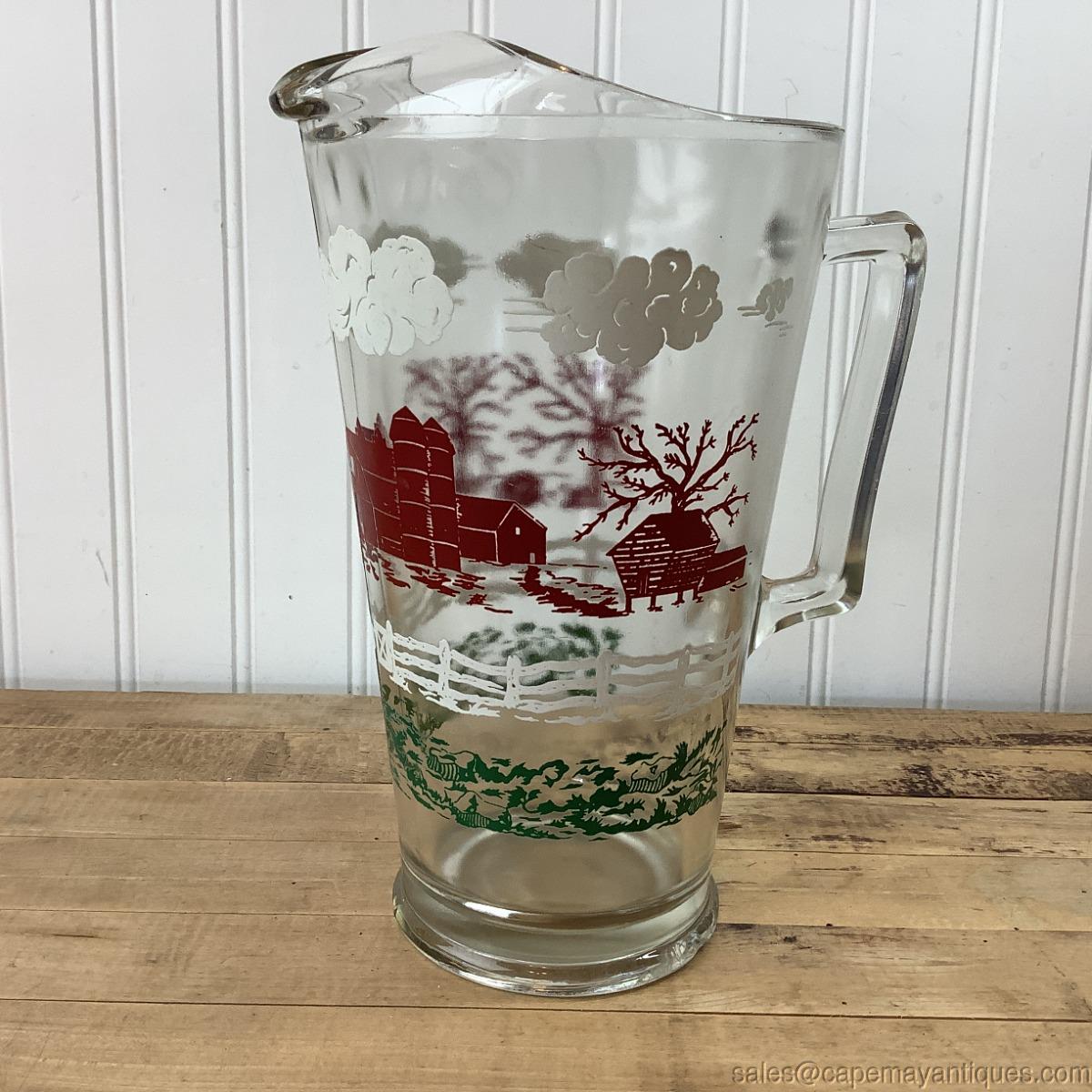 ヴィンテージ 納屋 農家 風景 ガラス ピッチャー 水差し 赤 白 緑 重厚