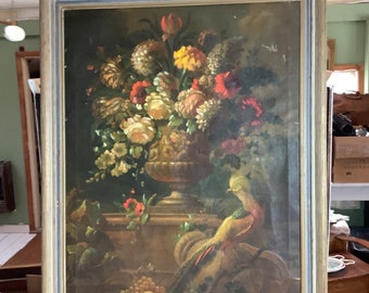 Antique Print or Oil Painting on Canvas Large Foral Filled Urn w Exotic Bird