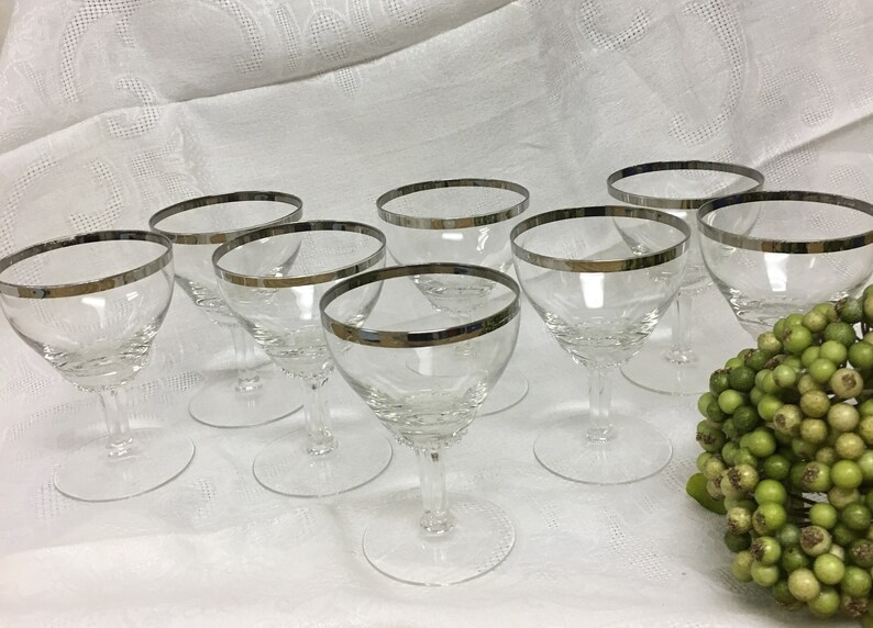 Silver Platinum Rim Crystal Stemmed Cordial Wine Glasses Set Image 0