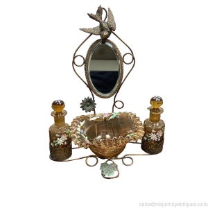 Antike Französisch Stand Schmuck Ring Schüssel bernsteinfarbene Glas Karaffen Spiegel Ormolu geblasen