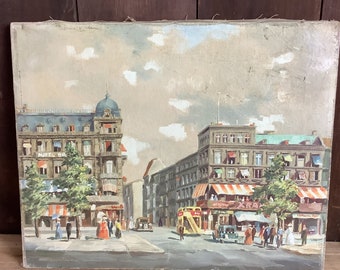 Vintage Berlin Germany Street Scene Painting on Canvas German Provenance Signed