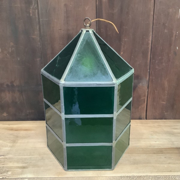 Vintage Stained Glass Hanging Lantern Light Electric Green Shaded Panels Garden