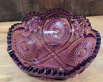 Amethyst Purple Pressed Glass Compote Bowl Fruit Bowl Large 9.5" Rim Vintage