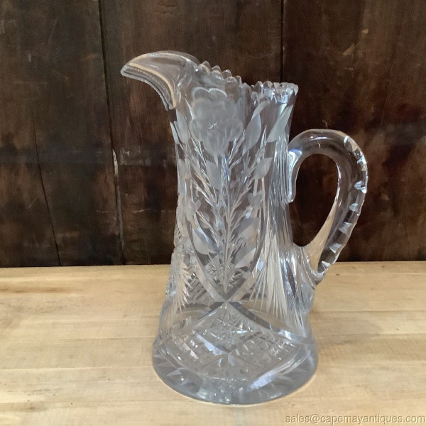 Vintage Thick Glass Pitcher Jug Floral Etched w Leaves Thumbprint Handle