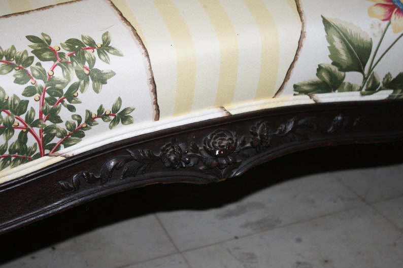 Victorian Sofa Settee Loveseat Carved Wood Frame Botanical Floral upholstery Yellow Stripes English Vintage Antique Seating
