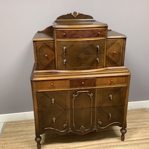 Antique Burled Wood Dresser Drop Handles 10 Drawer Tiered Inlaid Trim Solid