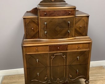 Antique Burled Wood Dresser Drop Handles 10 Drawer Tiered Inlaid Trim Solid