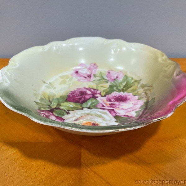 Vintage Three Crown China Serving Bowl Germany Roses Pink Green Yellow Gold