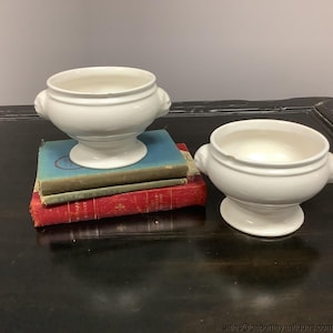 Vintage French Onion Soup Bowls White Lion Masks Handles Calif USA Pottery