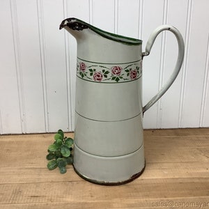 Antique French Enamelware Pitcher Jug 10&quot; T Light Farm Green w Trim & Flowers