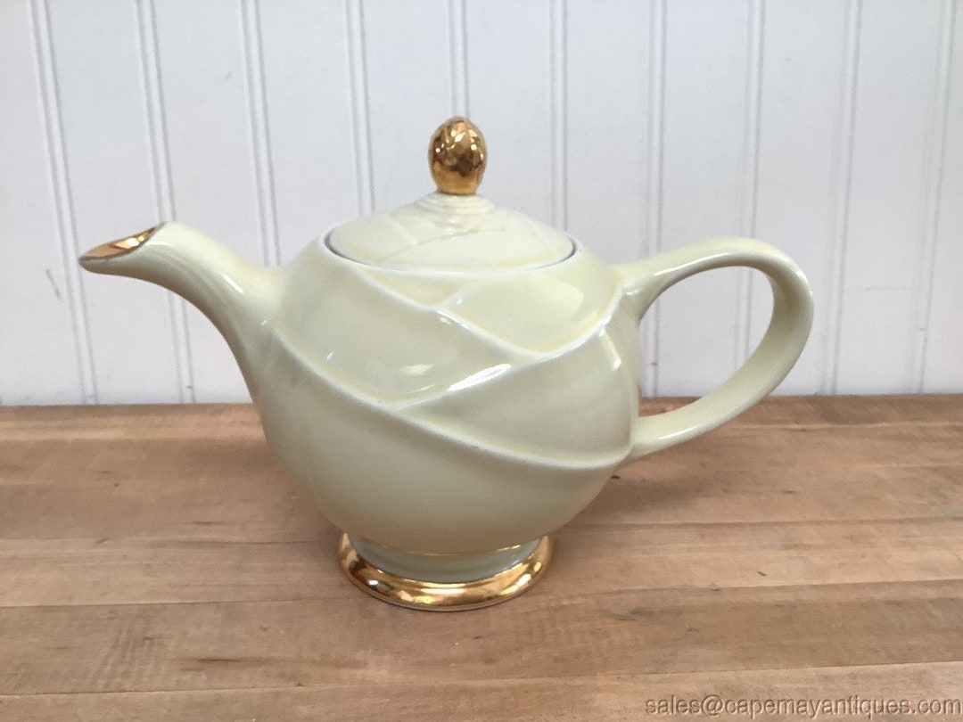 MCM Hall Teapot 6 Cup Ivory Gold Trim Vintage Modern Design Lines Etsy