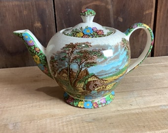 Sadler Teapot Vintage The Old Mill Lovely Colors Shades Petite 5" tall