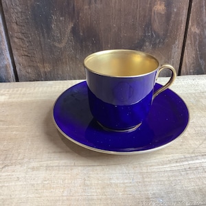 Coalport Demitasse Teacup and Saucer Set Cobalt Blue 14K Gold Inner Section