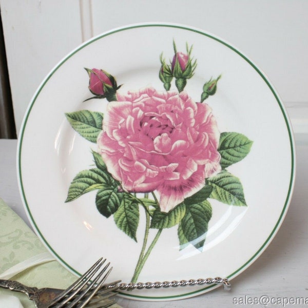 Pink Peonies Floral Plate Decorative Plate Only Green Trim White Background 8.25