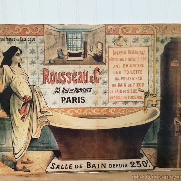 French Bath House Print Poster Rousseall & Cie Orange Beige Tub Tiles Vintage