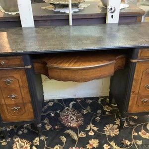Antique French Burled Wood Writing Desk or Vanity Painted Black w Alligator Top