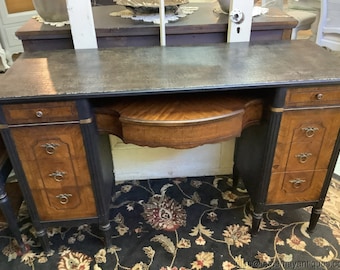 Antique French Burled Wood Writing Desk or Vanity Painted Black w Alligator Top