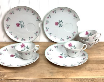 Vintage Japan Luncheon Plates w Teacups Set of 4 Pink Roses Blue Green Trim