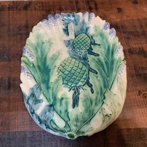 French Majolica Asparagus Artichoke Platter Glazed Green Cream Relief Pattern