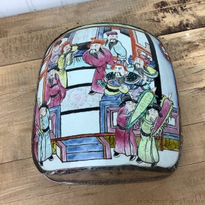 Vintage Tin Metal w Pottery Insert Box  rounded Top Large Asian Figural Scene 7&quot;