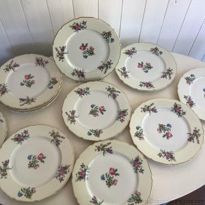 12 T&V Limoges Dinner Plates La Cloche Gold Trim Florals Eggshell Rim