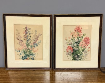 Paar Vintage Blumen botanische Drucke Rittersporn frische Feldblumen Holzrahmen